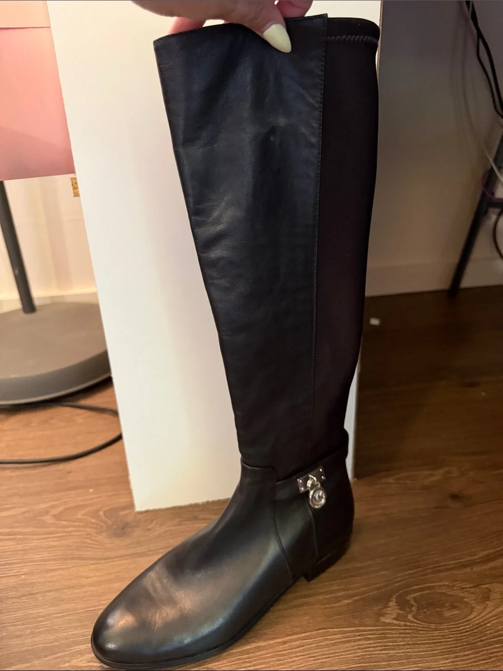 Michael Kors Black Leather & Stretch Over-the-Knee Boots with MK Charm